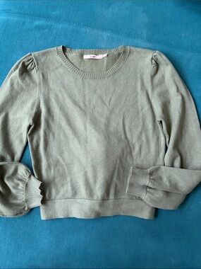Women's olive Green Crewneck Puff-Sleeve  sweater